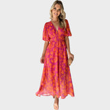 Ranka - Blumen-Midi-Kleid mit Puffärmeln und V-Ausschnitt