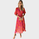 Ranka - Blumen-Midi-Kleid mit Puffärmeln und V-Ausschnitt